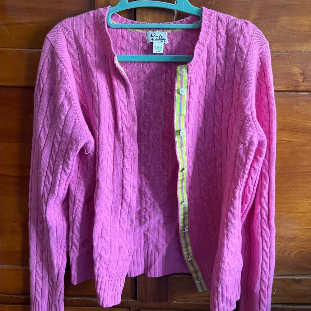 Lilly Pulitzer 100% Cashmere Cable Knit Pink Cardigan size LG